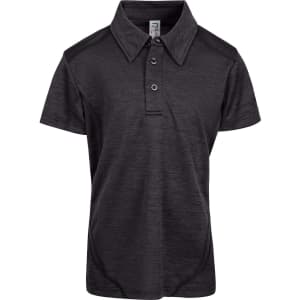 A black Kid's Challenger polo shirt made of 100% polyester, featuring a collar and buttons, with a logo on the front.