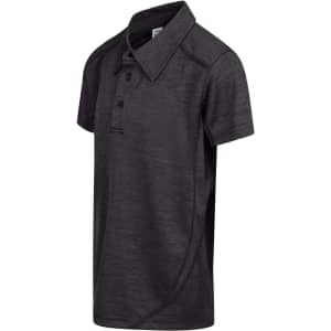 A black Kid's Challenger polo shirt made of 100% polyester, featuring a collar and buttons, with a logo.