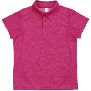 A pink kid's polo shirt made of 100% polyester, featuring a collar and three buttons.