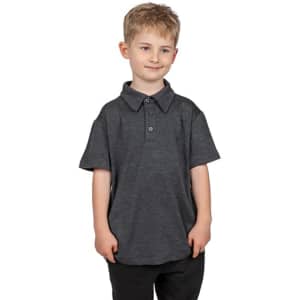 A grey polo shirt made of 100% polyester, featuring a collar and button placket, worn by a smiling child.