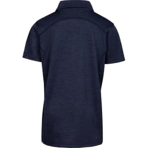 A navy polo shirt made from 100% polyester, featuring a collar and short sleeves. It has a branding logo.