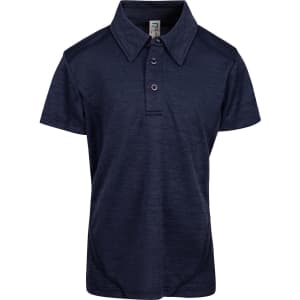 A navy blue kid's polo shirt made of 100% polyester, featuring a collar and three buttons, with a logo.