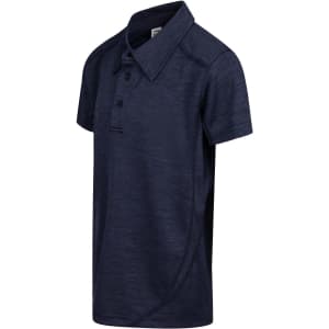 A navy blue kid's polo shirt made from 100% polyester, featuring a collar and buttons, with a logo present.