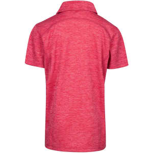 A pink polo shirt in 100% polyester, featuring a classic collar and a back view. Includes a logo.