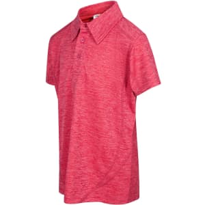 A red polo shirt made of 100% polyester, featuring a collar and short sleeves. It has a logo on it.