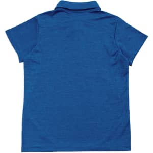 A blue polo shirt for kids made of 100% polyester, featuring a collar and short sleeves. It has a logo.