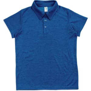 A blue polo shirt made from 100% polyester, featuring a collar and buttons, with a logo on the label.