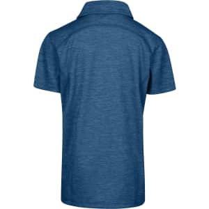 A back view of a kid's polo shirt in a blue heather fabric, featuring a collar and a logo.