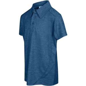 A short-sleeved, dark blue polo shirt made of 100% polyester, featuring a collar and buttons. It has a logo.