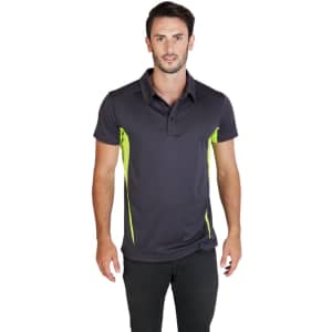 A men's polyester polo shirt in dark grey with vibrant green highlights, featuring a collar and short sleeves.