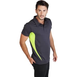 Men's polyester polo shirt in dark grey with a bright green side design. It features a logo on the chest.