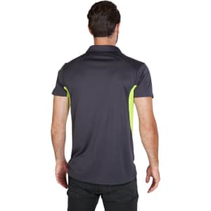 A men's polo shirt in dark grey with vibrant green accents and a logo on the back.