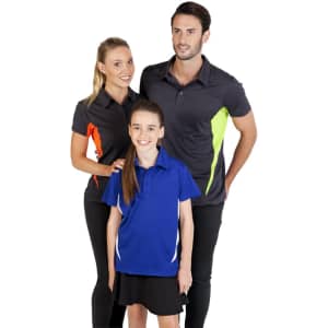 A man and woman wearing dark polo shirts with vibrant accents, alongside a girl in a blue polo shirt. All have a logo.