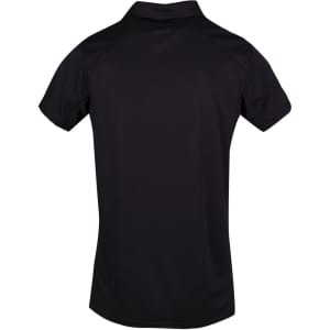 A black men's polyester polo shirt featuring a short sleeve design and a collar, with a logo on the back.