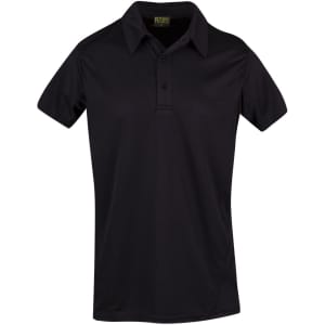 A black polyester polo shirt with a collar and three buttons, featuring a logo on the label.