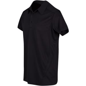 A short-sleeved black polyester polo shirt featuring a collar and a logo on the front.