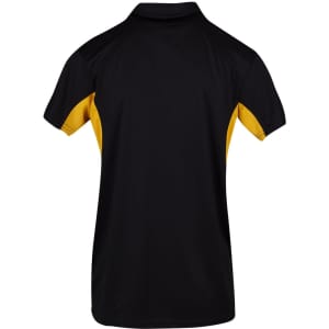 A black and yellow men's polo shirt with a short-sleeve design and logo on the back.