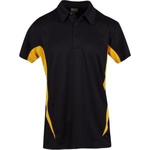 A black polyester polo shirt with yellow accents and a logo on the chest.