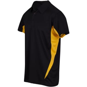 A black and yellow polyester polo shirt with a collared neckline and short sleeves. It features a logo on the chest.