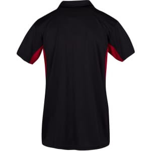 A black polo shirt with red side panels and a logo on the back.
