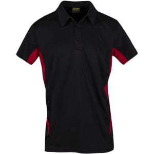 A black and red men's polo shirt featuring a collar and short sleeves, with a logo on the upper part.
