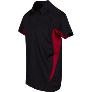 A black and red polyester polo shirt with a collar and short sleeves. It features a logo on the chest.