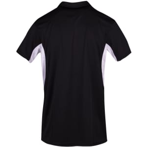 A black polyester polo shirt with white side panels and a logo on the back.