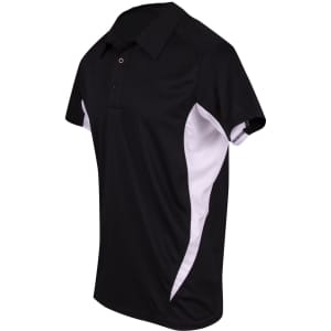 Men's polyester polo shirt featuring a black body with white side panels and a branding logo on the sleeve.