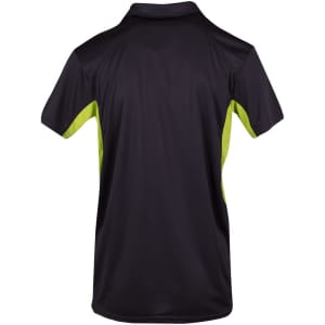 A black polo shirt with vibrant lime green accents on the sides, featuring a logo on the back.