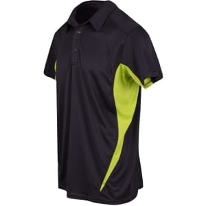 A black polo shirt with lime green accents, featuring a collar and three-button placket. It has a logo.