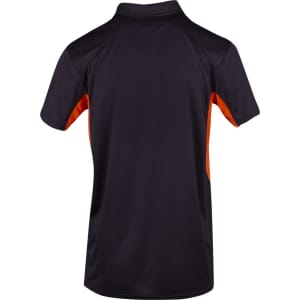 A black polo shirt with orange accents, featuring a logo on the back.