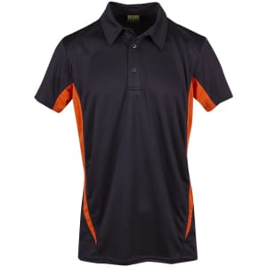Men's polyester polo shirt in black with orange side panels and a collar. Features a logo on the chest.