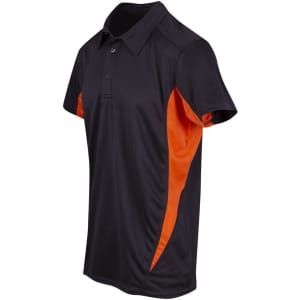 A black and orange polyester polo shirt featuring a logo on the chest and a sporty design.