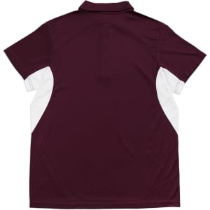 A maroon polyester polo shirt featuring white side panels and a collar, with a logo on the chest.