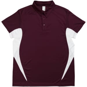 A maroon polyester polo shirt with white accents and a collar, featuring a logo on the chest area.