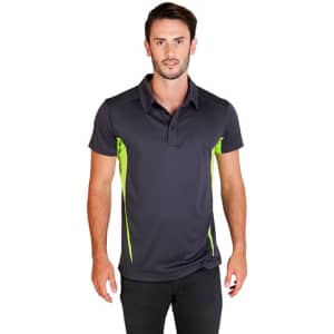 A men's polo shirt in dark grey with bright green accents and a collar, featuring a logo.