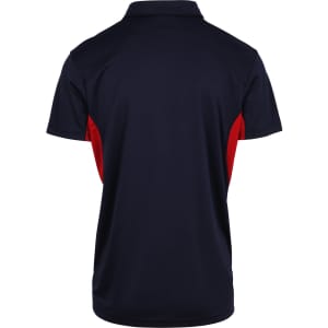 A navy blue polyester polo shirt with red side panels and a collar. It features a small logo.