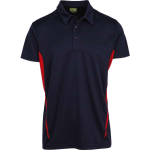 A navy blue polo shirt with red accents and a collar, featuring a branding logo.