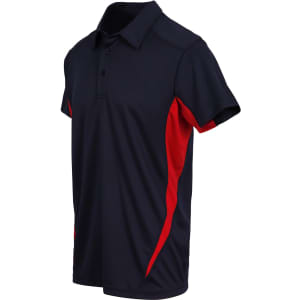 A navy blue and red men's polo shirt featuring a collar and short sleeves, with a logo on the front.