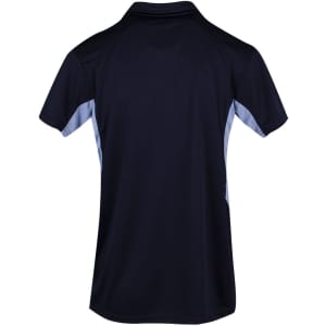 A navy blue polyester polo shirt featuring light blue accents and a logo.