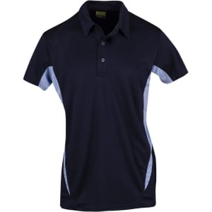 A navy blue polo shirt with light blue side panels and a logo on the chest. Features a collar and buttons.