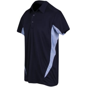 A men's polo shirt in navy blue with light blue side panels and a collar, featuring a logo on the chest.