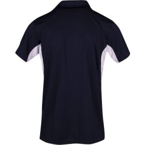 A polyester polo shirt in navy blue with white accents and a logo on the back.
