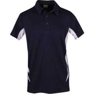 A navy blue polo shirt with white accents and a logo on the chest. It features a collar and three buttons.