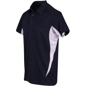 A navy blue polo shirt with white side panels and a collar. It features a logo on the chest.