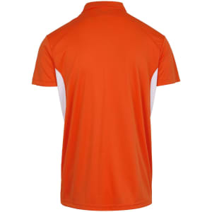 A polyester polo shirt in vibrant orange with white side panels. Features a collar and logo on the chest.