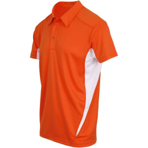 An orange polyester polo shirt with white side panels and a collar, featuring a logo.