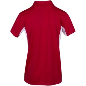 A red polyester polo shirt with white side panels and a collar, featuring a logo on the back.
