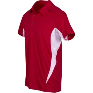 A red polyester polo shirt with white accents and a logo on the chest area. It features a classic collar and short sleeves.
