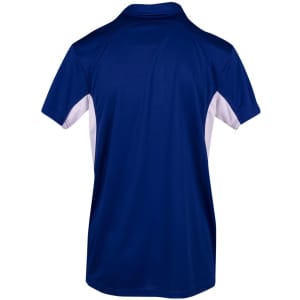 A navy blue men's polo shirt with white accents on the sides and a collar, featuring a logo.